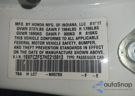 2017 Honda Civic Lx z USA, uszkodzony, nr VIN 19XFC2F57HE215913
